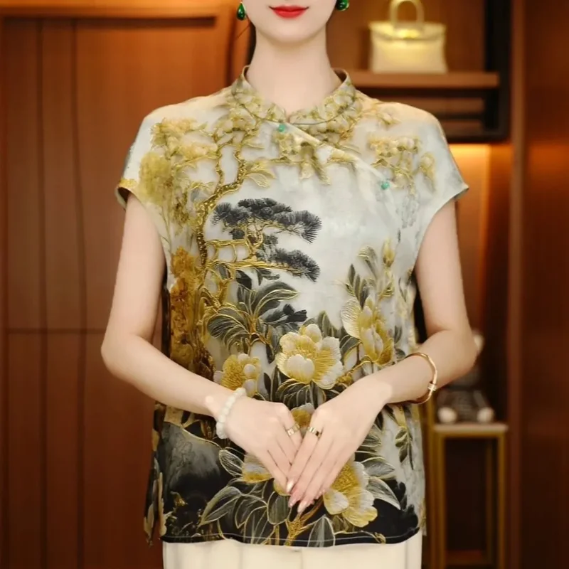 Блузка без рукавов в китайском стиле с воротником-стойкой, женская, с золотым цветочным принтом, винтажная, элегантная, летняя
Блузка без рукавов в китайском стиле с воротником-стойкой, женская, с золотым цветочным принтом, винтажная, элегантная, летняя