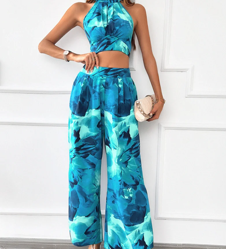 2025 Women's New Leisure Vacation Contrasting Color Backless Clothes and High Waisted Wide Leg Pants Set
2025 Women's New Leisure Vacation Contrasting Color Backless Clothes and High Waisted Wide Leg Pants Set