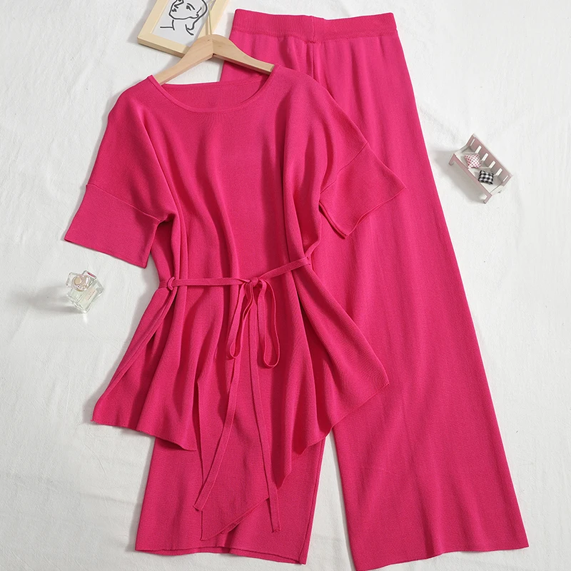 Women 2 piece set Irregular split t-shirts Korean Tops with loose wide-leg pants spring knitted two-piece female Sportsuits
Women 2 piece set Irregular split t-shirts Korean Tops with loose wide-leg pants spring knitted two-piece female Sportsuits