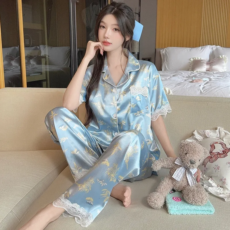 Women's Ice Silk Homewear Suit Sexy Lace Lace Thin Section Short-Sleeved Long Pants Two-Piece Breathable Loose Pajamas Set
Women's Ice Silk Homewear Suit Sexy Lace Lace Thin Section Short-Sleeved Long Pants Two-Piece Breathable Loose Pajamas Set
