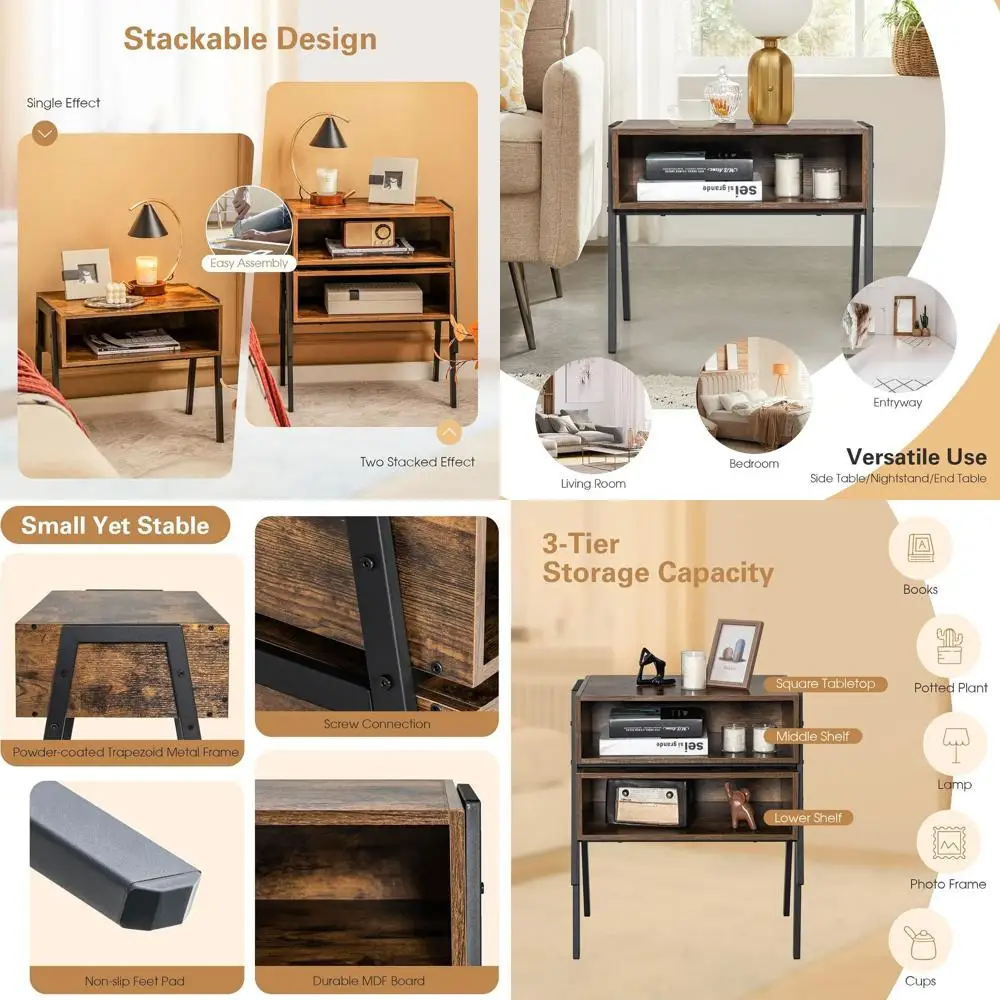 Пара прикроватных тумбочек в индустриальном стиле с открытыми полками, металлическим каркасом и отделкой под состаренный коричневый цвет для гостиных и спален.
Пара прикроватных тумбочек в индустриальном стиле с открытыми полками, металлическим каркасом и отделкой под состаренный коричневый цвет для гостиных и спален.