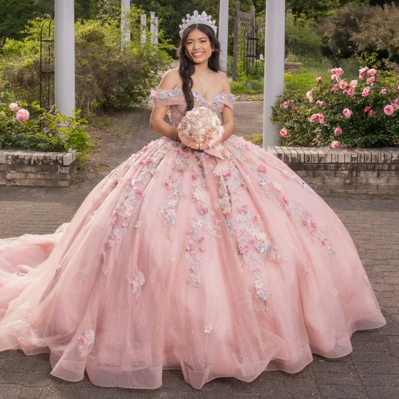 Pink Shiny Quinceanera Dresses Off Shoulder Ball Gown Sweet 16 Dress Applique Flower Beading Crystal Tull Birthday Party Vestido
Pink Shiny Quinceanera Dresses Off Shoulder Ball Gown Sweet 16 Dress Applique Flower Beading Crystal Tull Birthday Party Vestido