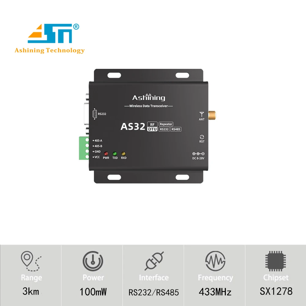 AS32-DTU-100 100mW 3km 433Mhz Long Range Transparent Broadcast DTU Wireless RF Transmitter Receiver SX1262 sx1268 lora RS485
AS32-DTU-100 100mW 3km 433Mhz Long Range Transparent Broadcast DTU Wireless RF Transmitter Receiver SX1262 sx1268 lora RS485