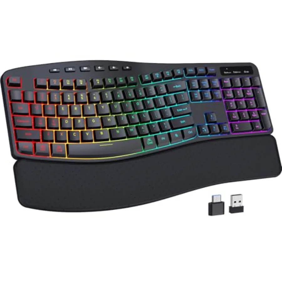 Wireless Ergonomic Keyboard, Backlit Keyboard Silent with 15 RGB Lighting Effects, Leather Wrist Rest, 2500mAh Rechargeable, Mu
Wireless Ergonomic Keyboard, Backlit Keyboard Silent with 15 RGB Lighting Effects, Leather Wrist Rest, 2500mAh Rechargeable, Mu