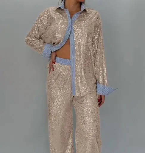 Two Piece Set Women Outfit 2025 Spring Autumn New Striped Patchwork Sequined Turn-Down Collar Shirt & Casual Wide Leg Pants Set
Two Piece Set Women Outfit 2025 Spring Autumn New Striped Patchwork Sequined Turn-Down Collar Shirt & Casual Wide Leg Pants Set