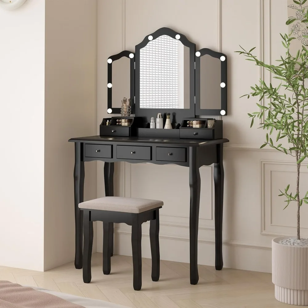 Vanity Table, Vintage Vanity Desk with Mirror and Lights, Tri-Fold Mirror Small Makeup Vanity with Chair, Vanity Set for Bedroom
Vanity Table, Vintage Vanity Desk with Mirror and Lights, Tri-Fold Mirror Small Makeup Vanity with Chair, Vanity Set for Bedroom
