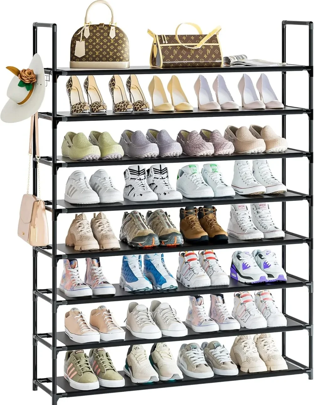 8 Tier Shoe Organizer,33.3in Wide x 11.2in Deep x 55.7in Tall,Black Metal and Plastic Shoe Rack,Holds up to 32-40 Pairs of Shoes
8 Tier Shoe Organizer,33.3in Wide x 11.2in Deep x 55.7in Tall,Black Metal and Plastic Shoe Rack,Holds up to 32-40 Pairs of Shoes