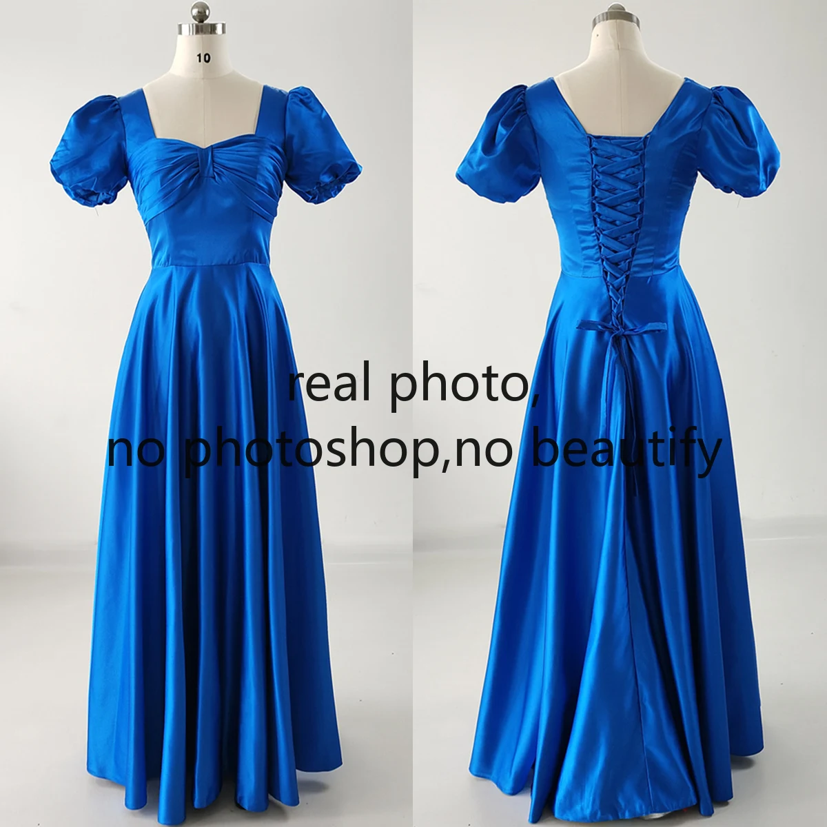 Real Photo Evening Dresses Royal Blue Satin Short Sleeve Square Collar Floor-Length Lace Up A-Line Party Formal Gown Woman B1534
Real Photo Evening Dresses Royal Blue Satin Short Sleeve Square Collar Floor-Length Lace Up A-Line Party Formal Gown Woman B1534