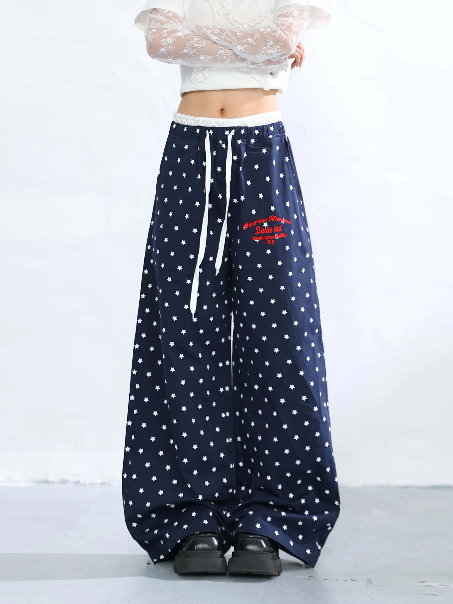 American Style Casual Pants Star Polka Dot Embroidery Loose Wide Leg Double Waist Design Slimming Long Trousers for Women
American Style Casual Pants Star Polka Dot Embroidery Loose Wide Leg Double Waist Design Slimming Long Trousers for Women