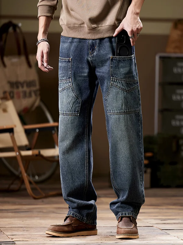 Retro American Style Men's Loose Straight Leg Jeans Six Pockets Workwear Trousers Wear Resistant mid Waist Zipper Closure
Retro American Style Men's Loose Straight Leg Jeans Six Pockets Workwear Trousers Wear Resistant mid Waist Zipper Closure