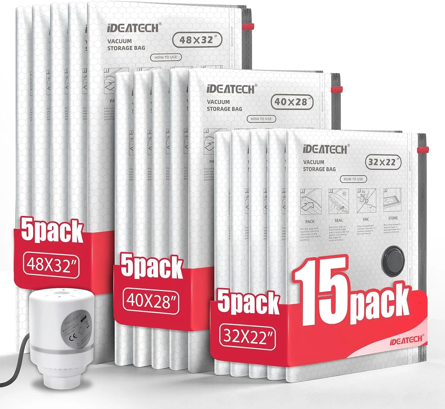 15 Pack Vacuum Storage Bags with Electric Pump, Jumbo Space Saver Bags for Clothing Bedding Blanket, Heavy Duty Compression with
15 Pack Vacuum Storage Bags with Electric Pump, Jumbo Space Saver Bags for Clothing Bedding Blanket, Heavy Duty Compression with