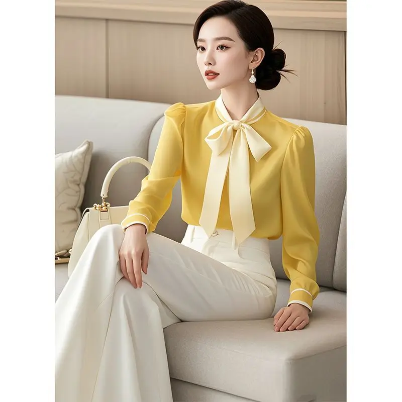 Temperament Bow Yellow Long Sleeve Blouse Female Autumn Simplicity Elegant All-match Lacing Patchwork Shirts Women Clothes Tops
Temperament Bow Yellow Long Sleeve Blouse Female Autumn Simplicity Elegant All-match Lacing Patchwork Shirts Women Clothes Tops