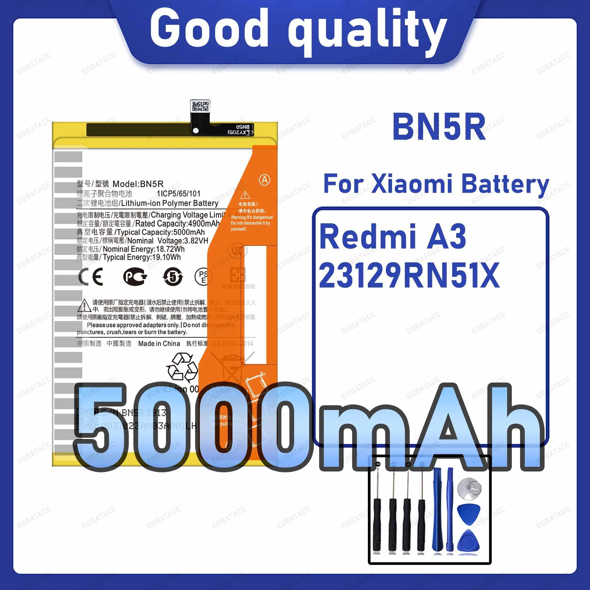 5000mAh BN5R Replacement Battery for Xiaomi Redmi A3/23129RN51X with Repair Tools Kit
5000mAh BN5R Replacement Battery for Xiaomi Redmi A3/23129RN51X with Repair Tools Kit