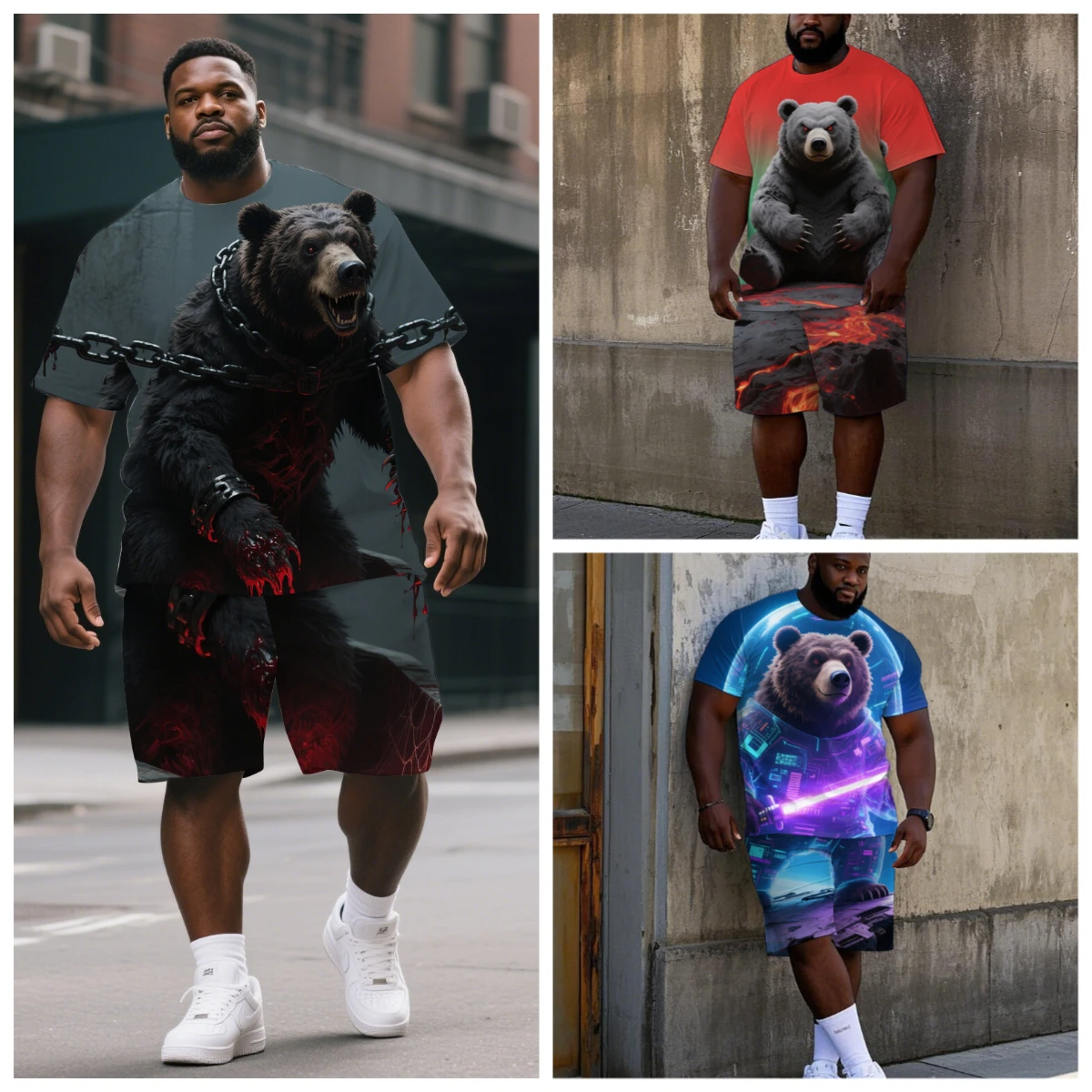 Big Men Bloody Chain Bear Lava Rock Bear Cyber Lightsaber Bear Full Print Tee & Shorts 2Pcs Gothic Street Outfit
Big Men Bloody Chain Bear Lava Rock Bear Cyber Lightsaber Bear Full Print Tee & Shorts 2Pcs Gothic Street Outfit