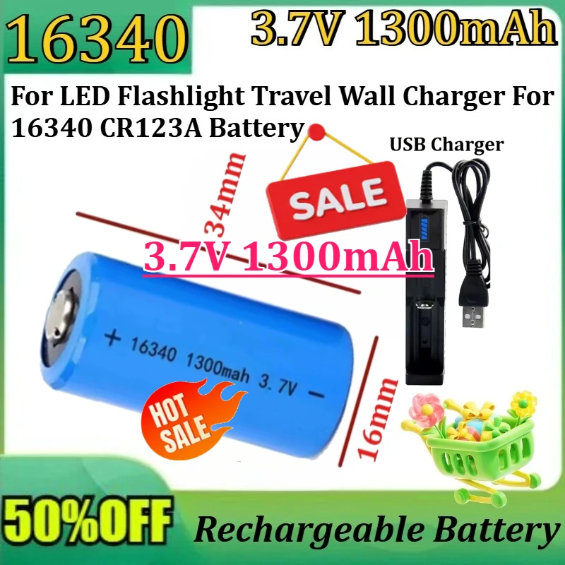 For LED Flashlight Travel Wall Charger For 16340 CR123A Battery 1300mAh 3.7V Li-ion Rechargeable 16340 Batteries CR123A Battery
For LED Flashlight Travel Wall Charger For 16340 CR123A Battery 1300mAh 3.7V Li-ion Rechargeable 16340 Batteries CR123A Battery