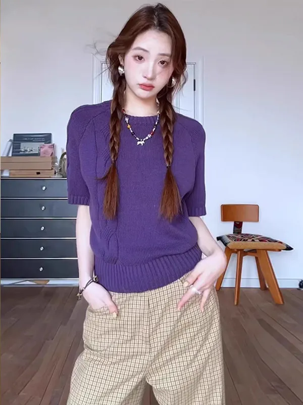 Korean Style round Neck Short Sleeve Knitted Sweater Women's Slim Fit Vintage Casual Fashion Polyester Fiber round Sleeve Top
Korean Style round Neck Short Sleeve Knitted Sweater Women's Slim Fit Vintage Casual Fashion Polyester Fiber round Sleeve Top