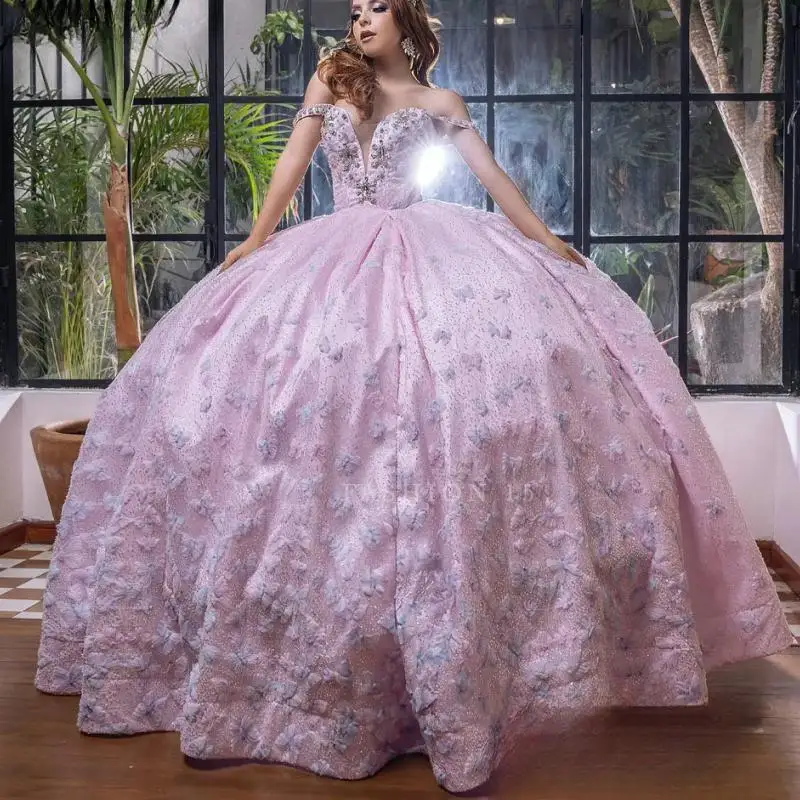 Pink Glitter Crystal Beading Quinceanera Dresses Ball Gown Off The Shoulder 3D Butterfly Sweet 15 Birthday Party
Pink Glitter Crystal Beading Quinceanera Dresses Ball Gown Off The Shoulder 3D Butterfly Sweet 15 Birthday Party