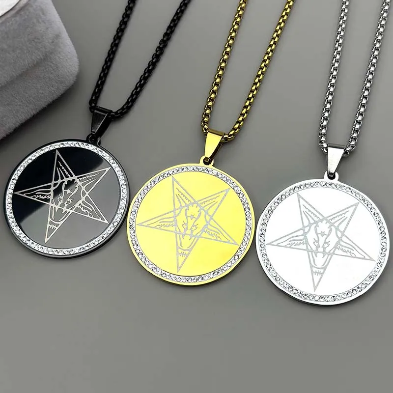 Gothic Baphomet Inverted Pentagram Star Goat Head Pendant Necklace Stainless Steel Mysterious Lucifer Rhinestones Chain Jewelry
Gothic Baphomet Inverted Pentagram Star Goat Head Pendant Necklace Stainless Steel Mysterious Lucifer Rhinestones Chain Jewelry