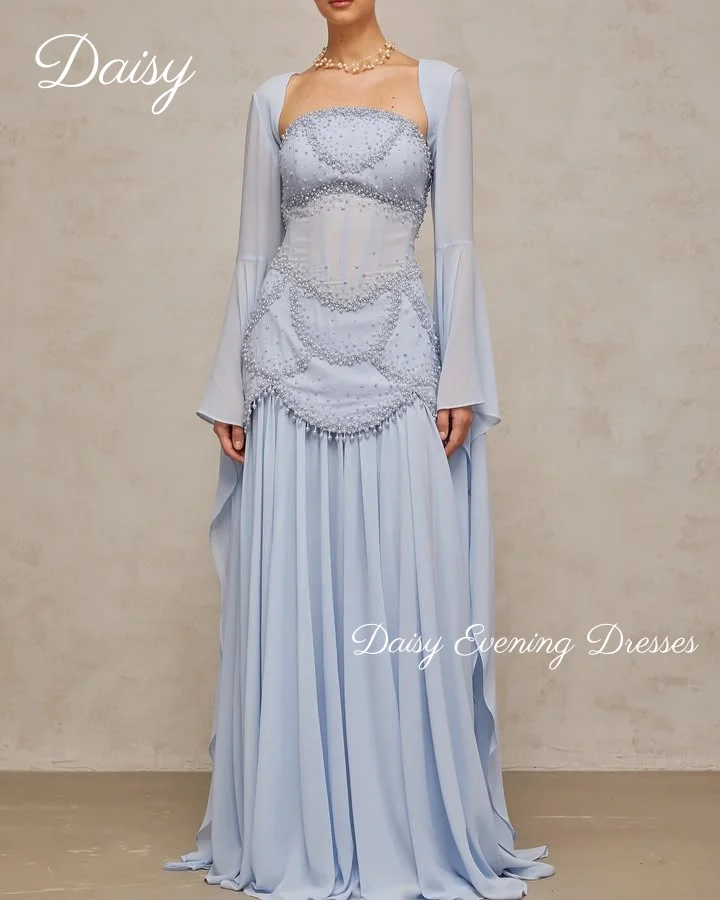 Blue Chiffon Prom Dresses V-neck Evening Dress A-line vestidos de graduación Strapless Pearls Beadings Wedding Gown Customized
Blue Chiffon Prom Dresses V-neck Evening Dress A-line vestidos de graduación Strapless Pearls Beadings Wedding Gown Customized
