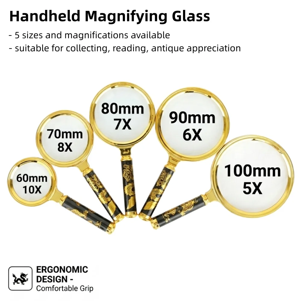 5X 10X Handheld Magnifying Glass Dragon Pattern Handle 60-100mm Optical Lens for Reading Maps Coins Jewelry Inspection Hot Sale
5X 10X Handheld Magnifying Glass Dragon Pattern Handle 60-100mm Optical Lens for Reading Maps Coins Jewelry Inspection Hot Sale