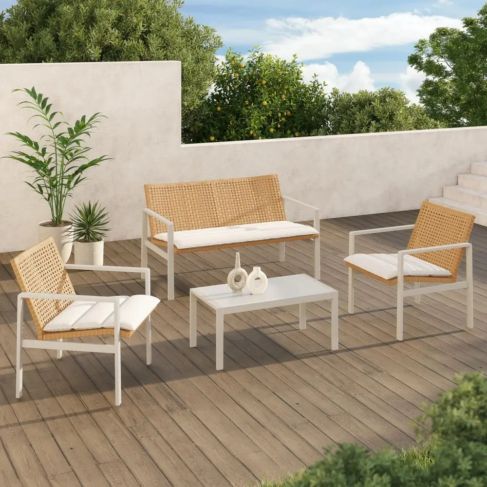 Outdoor Furniture Set, 4piece Wicker Patio Furniture Set with Beige Cushions, Modern Metal Conversation Loveseat Chairs with Gl
Outdoor Furniture Set, 4piece Wicker Patio Furniture Set with Beige Cushions, Modern Metal Conversation Loveseat Chairs with Gl