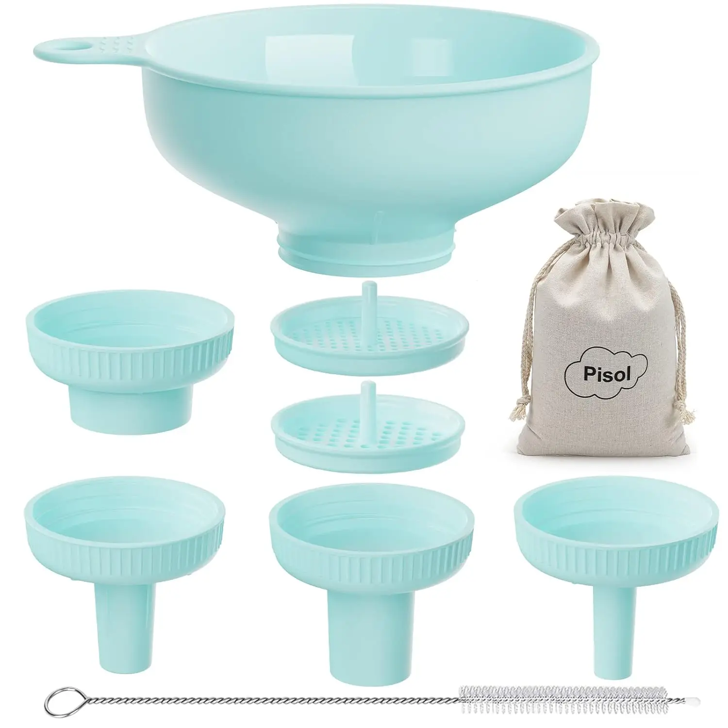 Wide Mouth Funnel Set with 5 Spouts & 2 Strainers for Kitchen Canning, Filling Bottles and Bags, Teal
Wide Mouth Funnel Set with 5 Spouts & 2 Strainers for Kitchen Canning, Filling Bottles and Bags, Teal