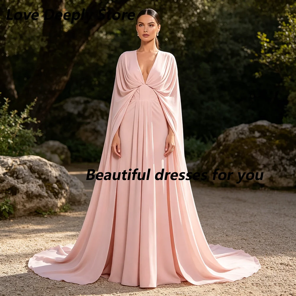 Customized Pink Evening Dresses Elegant V-Neck Cape Long Sleeves Pleat Chiffon Prom Gown Long A Line Wedding Party Dresses
Customized Pink Evening Dresses Elegant V-Neck Cape Long Sleeves Pleat Chiffon Prom Gown Long A Line Wedding Party Dresses