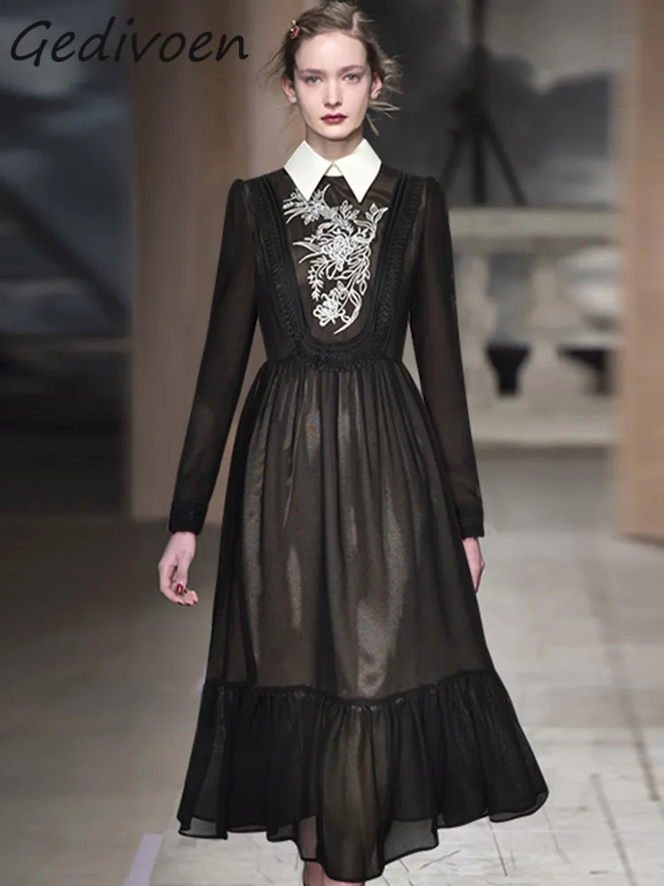 Gedivoen Autumn Fashion Designer Black Vintage Dress Women Lapel Long Sleeve Embroidery Ruffle High Waist A-LINE Slim Long Dress
Gedivoen Autumn Fashion Designer Black Vintage Dress Women Lapel Long Sleeve Embroidery Ruffle High Waist A-LINE Slim Long Dress
