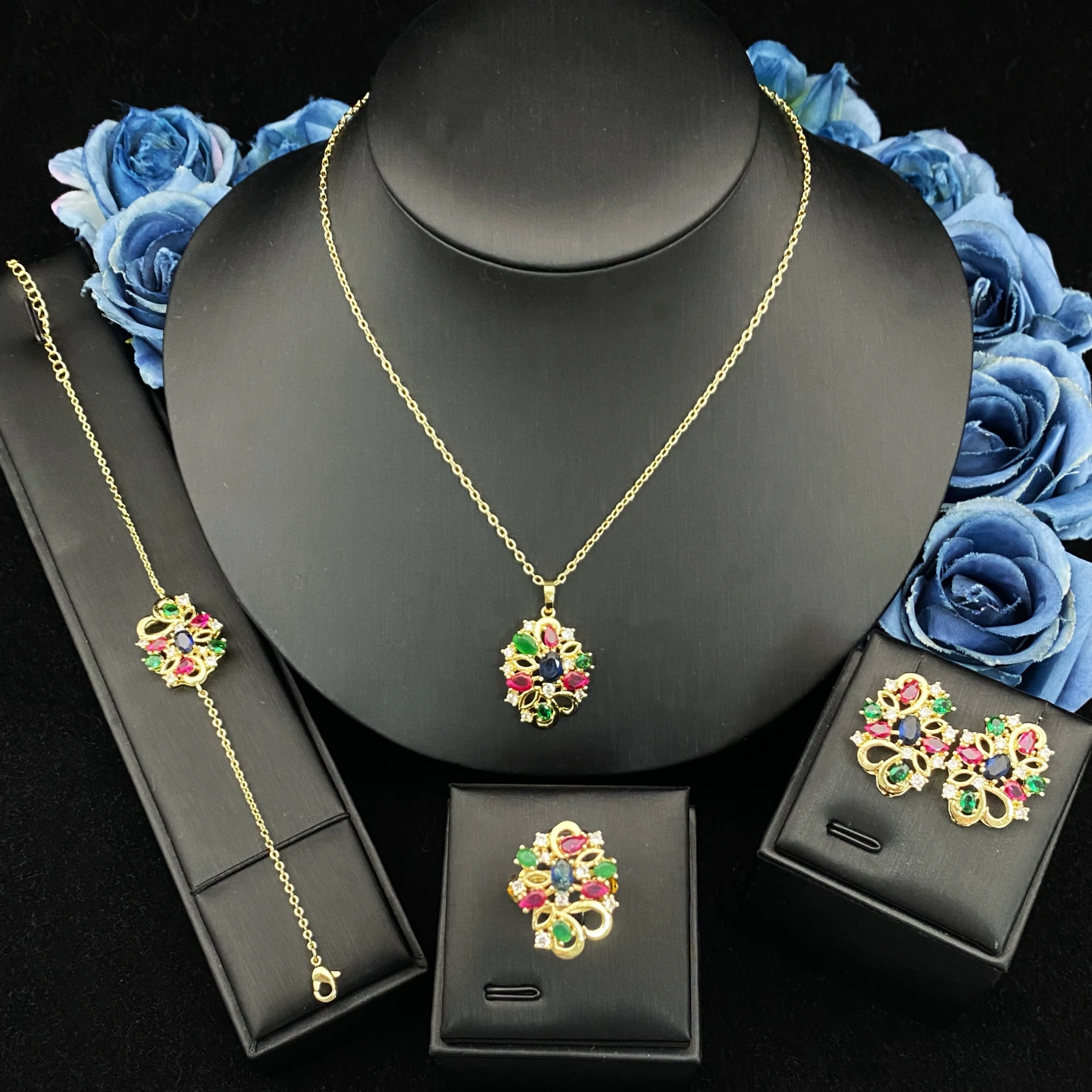 JRH Gold Plated Copper Zirconia Jewelry Set for Women Light Luxury Zircon Accessories Necklace Bracelet Ring Earrings Set
JRH Gold Plated Copper Zirconia Jewelry Set for Women Light Luxury Zircon Accessories Necklace Bracelet Ring Earrings Set