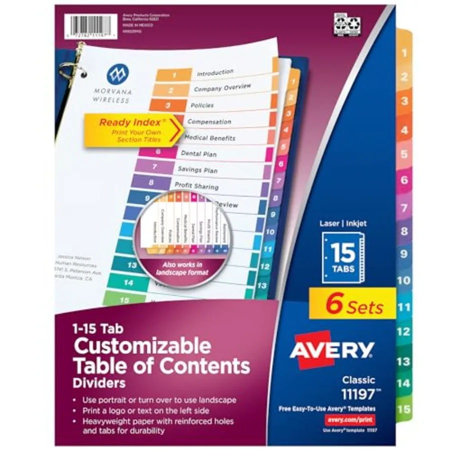 15 Tab Dividers for 3 Ring Binders Customizable Table of Contents Multicolor Tabs 6 Sets 11197
15 Tab Dividers for 3 Ring Binders Customizable Table of Contents Multicolor Tabs 6 Sets 11197