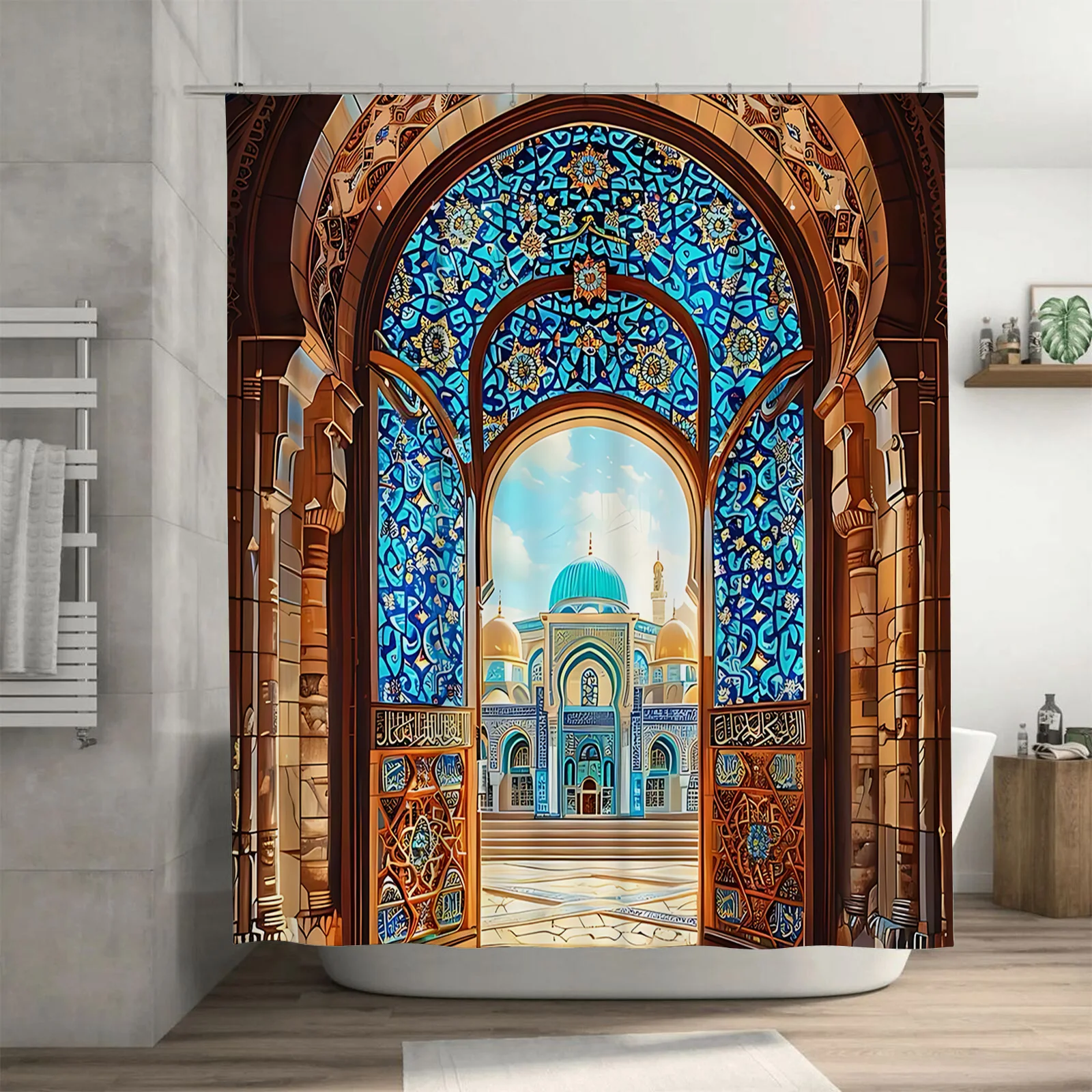 Стильная занавеска для душа с арабской архитектурой для украшения дома. Уникальный исламский дизайн с яркими цветами и складными узорами.
Стильная занавеска для душа с арабской архитектурой для украшения дома. Уникальный исламский дизайн с яркими цветами и складными узорами.