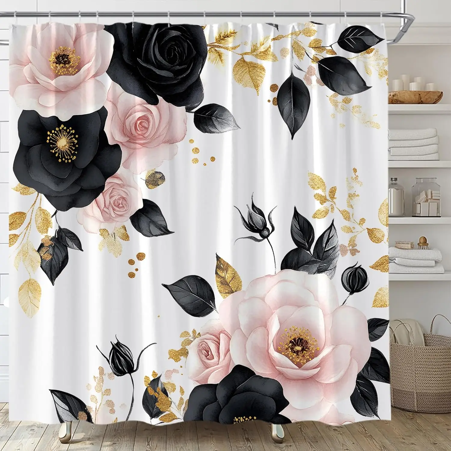 Pink and Black Flower Shower Curtain Black and Gold Leaf Vintage Rose Watercolor Floral Modern Aesthetic Palnt Bathroom Curtain
Pink and Black Flower Shower Curtain Black and Gold Leaf Vintage Rose Watercolor Floral Modern Aesthetic Palnt Bathroom Curtain