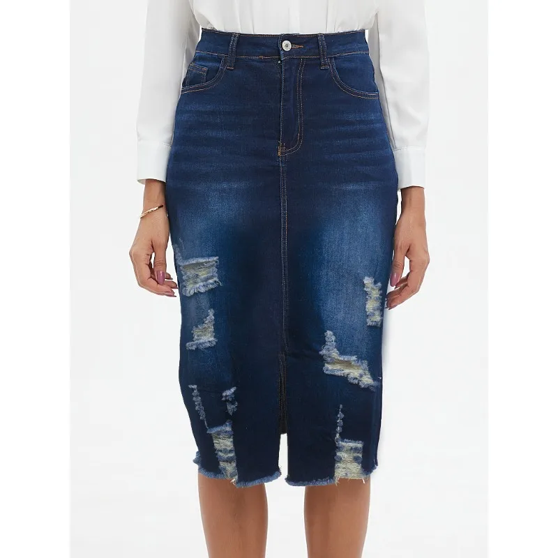 Women's Sexy Dark Washed Worn-out Front Slit Tight Denim Skirt with Wrapped Buttocks Denim Overskirt
Women's Sexy Dark Washed Worn-out Front Slit Tight Denim Skirt with Wrapped Buttocks Denim Overskirt