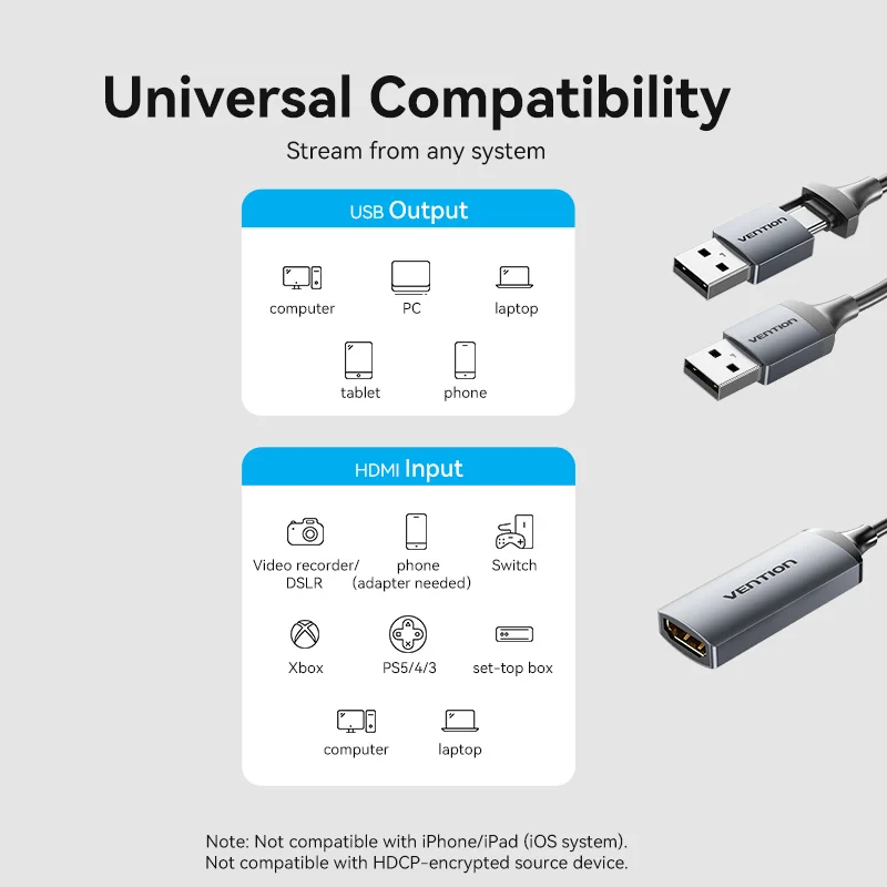 Vention Video Capture Card 4K HDMI to USB/USB-C HDMI Video Grabber Box PS4/PS5 for PC Computer Camera Live Stream Record Meeting
Vention Video Capture Card 4K HDMI to USB/USB-C HDMI Video Grabber Box PS4/PS5 for PC Computer Camera Live Stream Record Meeting