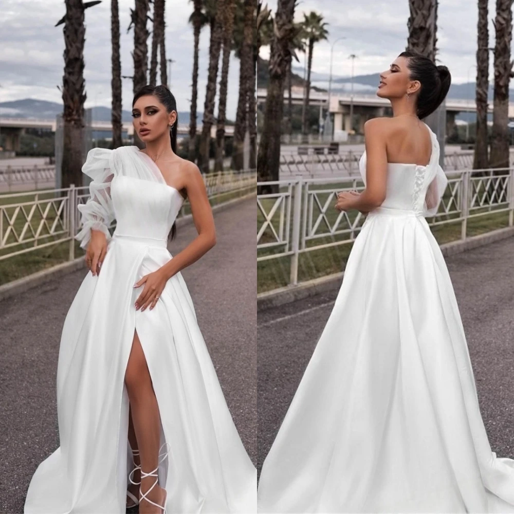 Customized High Quality White Satin Wedding Dress Elegant Graceful One Shoulder Long Sleeves Lace Up Back Vestido De Novia
Customized High Quality White Satin Wedding Dress Elegant Graceful One Shoulder Long Sleeves Lace Up Back Vestido De Novia
