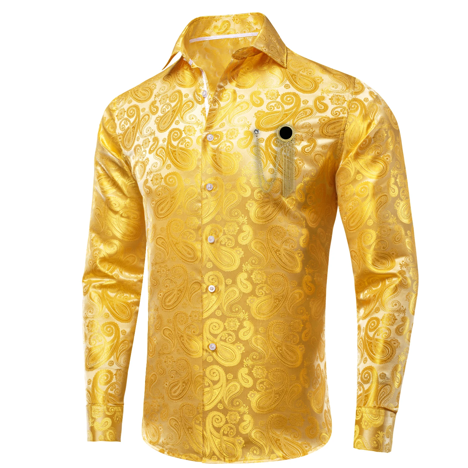 

Hi-Tie Gold Mens Silk Shirt Spring Autumn Long Sleeve Paisley Brooch Turndown Collar Slim Fit Male Shirt Wedding Business Party