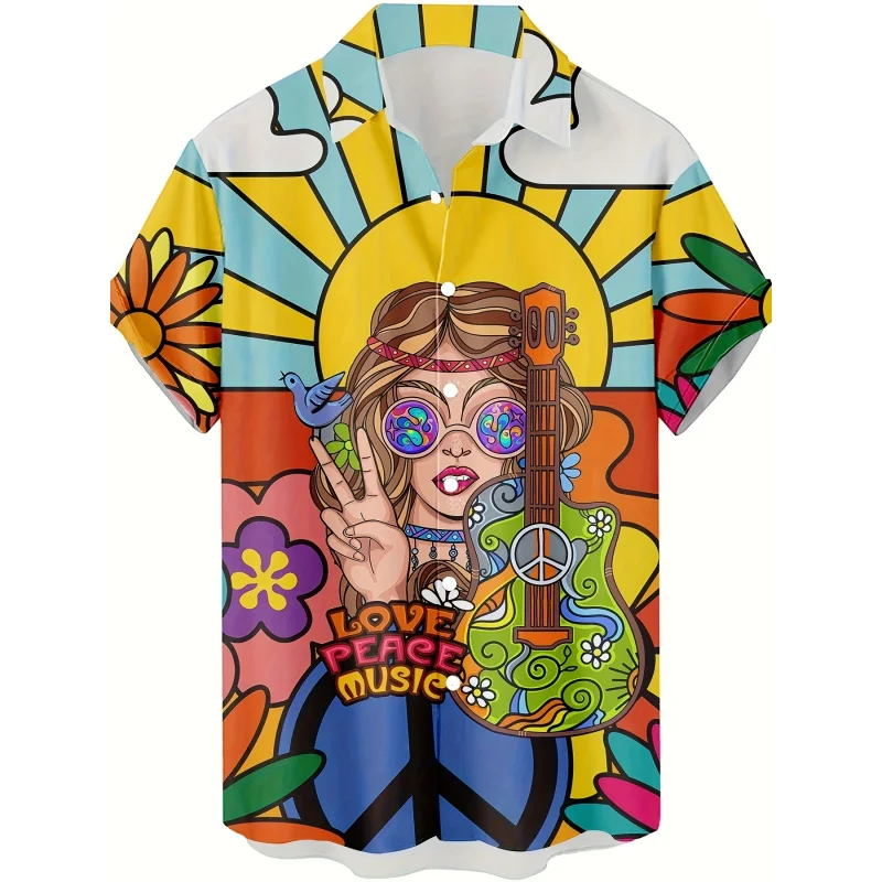 Men's Retro 3D Printed Casual Shirt - Bright Floral and Peace Music Pattern Short Sleeve Button-Up Shirt, Lightweight Summer Str
Men's Retro 3D Printed Casual Shirt - Bright Floral and Peace Music Pattern Short Sleeve Button-Up Shirt, Lightweight Summer Str