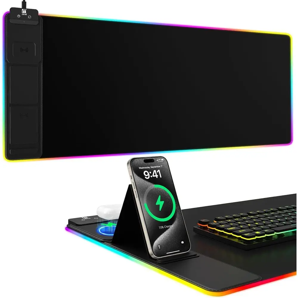 Large Desk Mat with Phone Stand, Wireless Charging, RGB Gaming Mousepad, Smooth Surface, Non-Slip, Waterproof, Black Office Desk
Large Desk Mat with Phone Stand, Wireless Charging, RGB Gaming Mousepad, Smooth Surface, Non-Slip, Waterproof, Black Office Desk