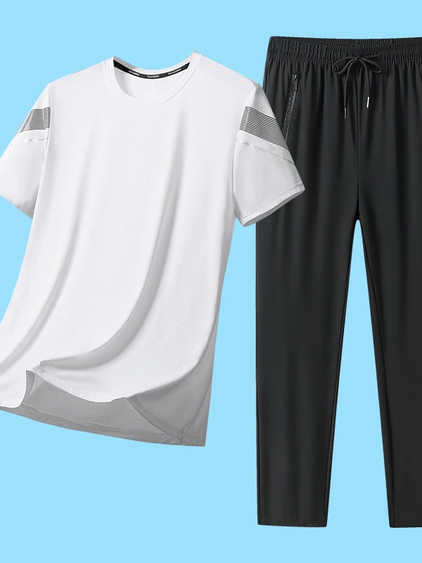 Мужской повседневный спортивный комплект из двух предметов: футболка из ледяного шелка с коротким рукавом и тонкие летние шорты, полиэстер, большие размеры
Мужской повседневный спортивный комплект из двух предметов: футболка из ледяного шелка с коротким рукавом и тонкие летние шорты, полиэстер, большие размеры