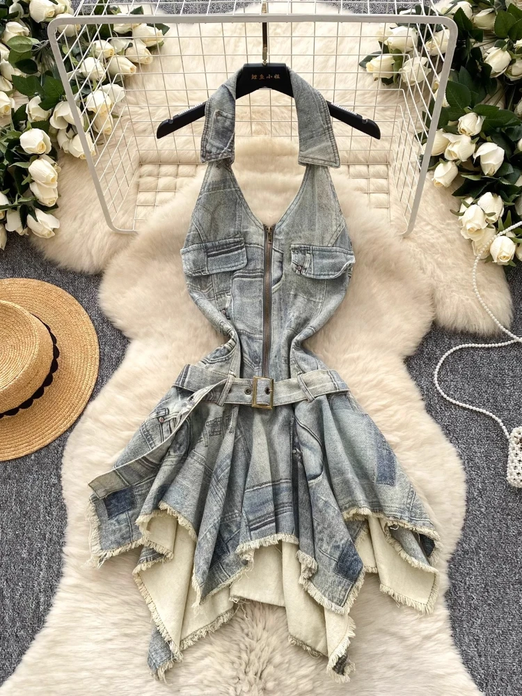 2025 American Retro Wasteland Style Denim Dress Women Sashes Backless Irregular Design Mini Dress Summer Casual Sexy Streetwear
2025 American Retro Wasteland Style Denim Dress Women Sashes Backless Irregular Design Mini Dress Summer Casual Sexy Streetwear