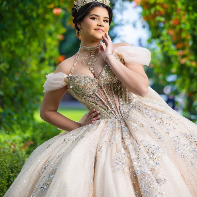 Shiny Light Champagne Quinceanera Dress off-shoulder Sequins Crystal Decal Long tail Bow vestidos de 15 Quinceanera Customize
Shiny Light Champagne Quinceanera Dress off-shoulder Sequins Crystal Decal Long tail Bow vestidos de 15 Quinceanera Customize