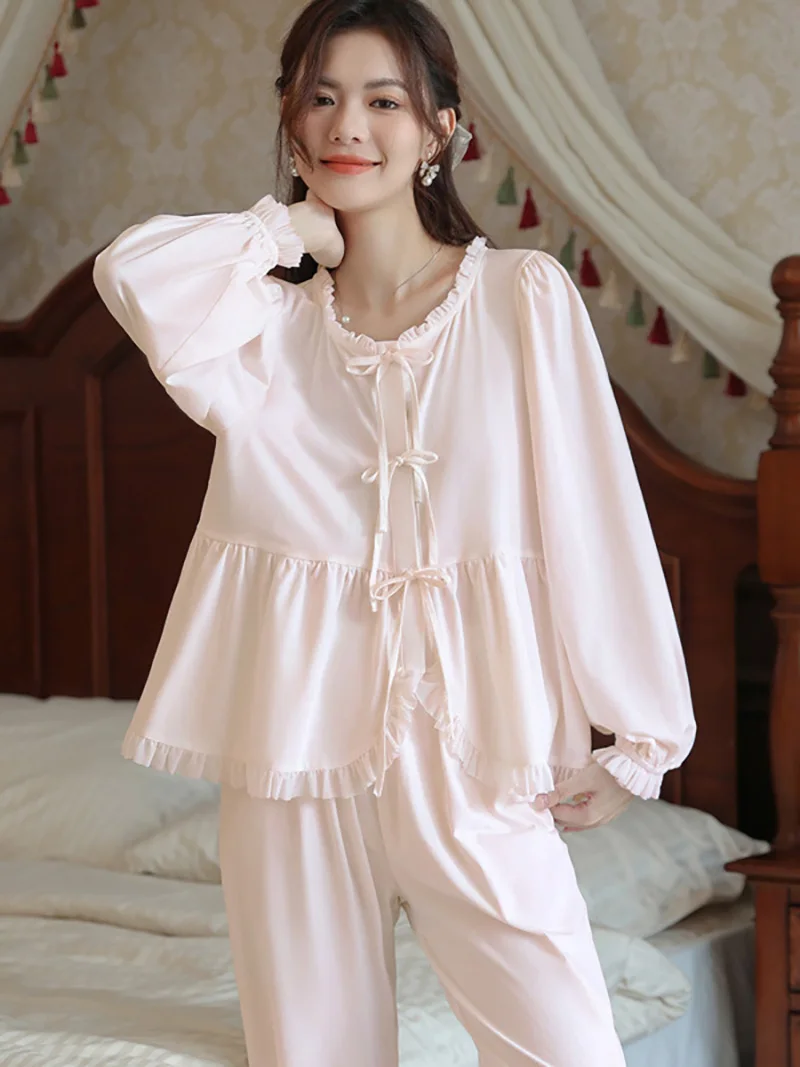 Women Ruffles Long Sleeve Lace-up Princess Pajamas Two-piece Sleepwear Nightwear Cotton Vintage French Spring Autumn Loungewear
Women Ruffles Long Sleeve Lace-up Princess Pajamas Two-piece Sleepwear Nightwear Cotton Vintage French Spring Autumn Loungewear
