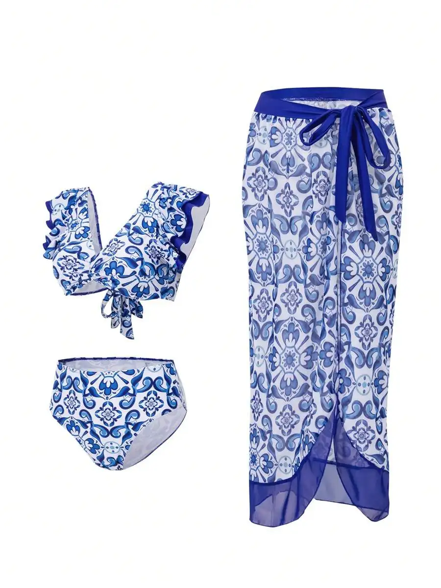 Womens Floral Printed Bikini Set With Ruffled Edges And Matching Cover-Up Skirt
Womens Floral Printed Bikini Set With Ruffled Edges And Matching Cover-Up Skirt