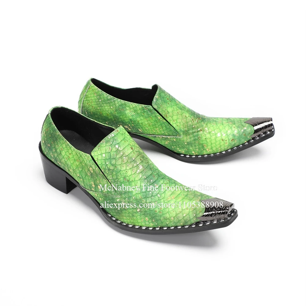 Bright Green Snake Print Metal Cap Toe Loafers for Men Handmade Pointed Toe British Style Slip on Dress Shoes Wedding Business
Bright Green Snake Print Metal Cap Toe Loafers for Men Handmade Pointed Toe British Style Slip on Dress Shoes Wedding Business