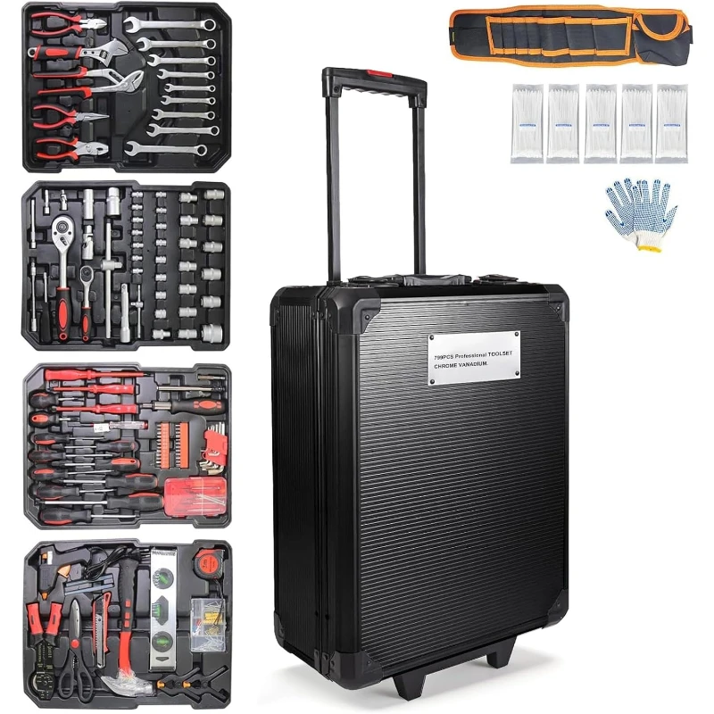 Arcwares 799pcs Aluminum Trolley Case Tool Set Silver, House Repair Kit Set, Household Hand Tool Set, with Tool Belt,Gift on Father's Day (Black)
Arcwares 799pcs Aluminum Trolley Case Tool Set Silver, House Repair Kit Set, Household Hand Tool Set, with Tool Belt,Gift on Father's Day (Black)