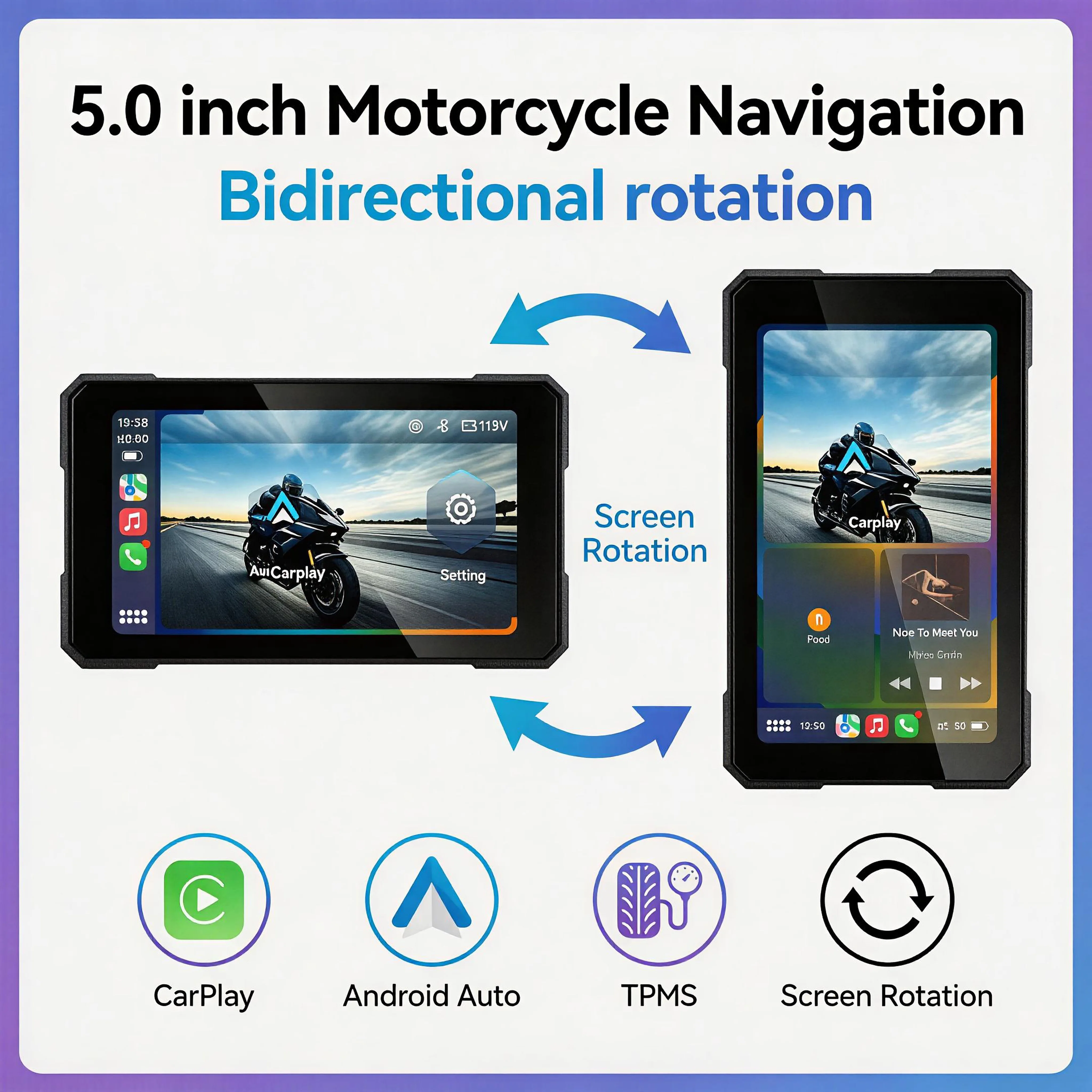 5" Smart Motorcycle Display, CarPlay for Motorcycle, Wireless Android Auto, TPMS, Navigation, Voice Assistant, Quick Release Mou