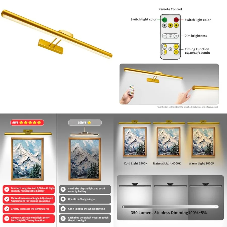 24.4" Wireless Picture Lights, Rechargeable Battery Art Display Light with Remote Control, Dimmable/Timer Off Dartboard Light,
24.4" Wireless Picture Lights, Rechargeable Battery Art Display Light with Remote Control, Dimmable/Timer Off Dartboard Light,