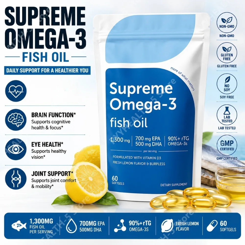 Omega-3 Fish Oil Softgels with EPA 700mg DHA 500mg and Vitamin D3, RTG Formula, Burpless Lemon Flavor, 60 Softgels
Omega-3 Fish Oil Softgels with EPA 700mg DHA 500mg and Vitamin D3, RTG Formula, Burpless Lemon Flavor, 60 Softgels