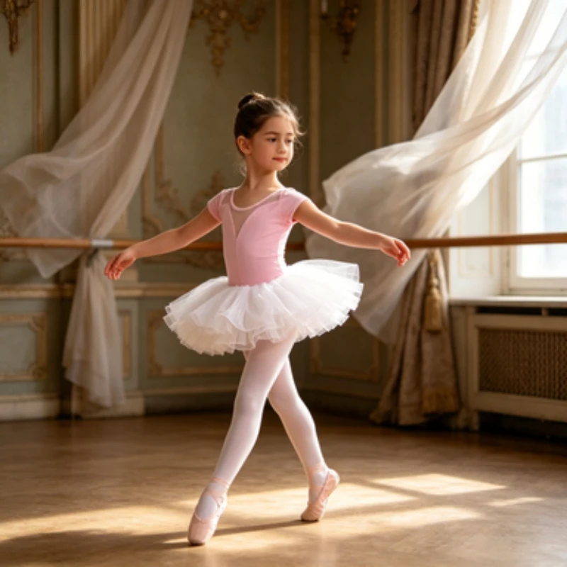 Professional ballet leotard for children, pink short-sleeve one-piece outfit with white skirt, specially for daily training
Professional ballet leotard for children, pink short-sleeve one-piece outfit with white skirt, specially for daily training