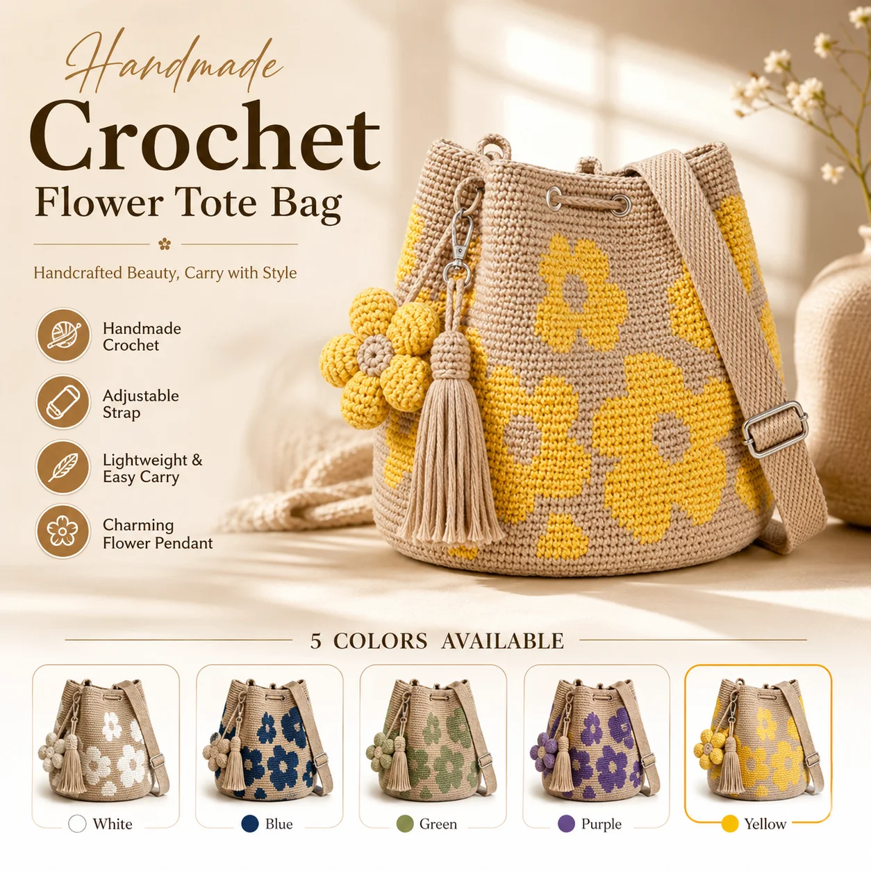 Handmade Crochet Flower Tote, Knit Floral Purse Bag, Boho Woven Beach Handbags Crossbody Shoulder Bag for Women Vacation
Handmade Crochet Flower Tote, Knit Floral Purse Bag, Boho Woven Beach Handbags Crossbody Shoulder Bag for Women Vacation
